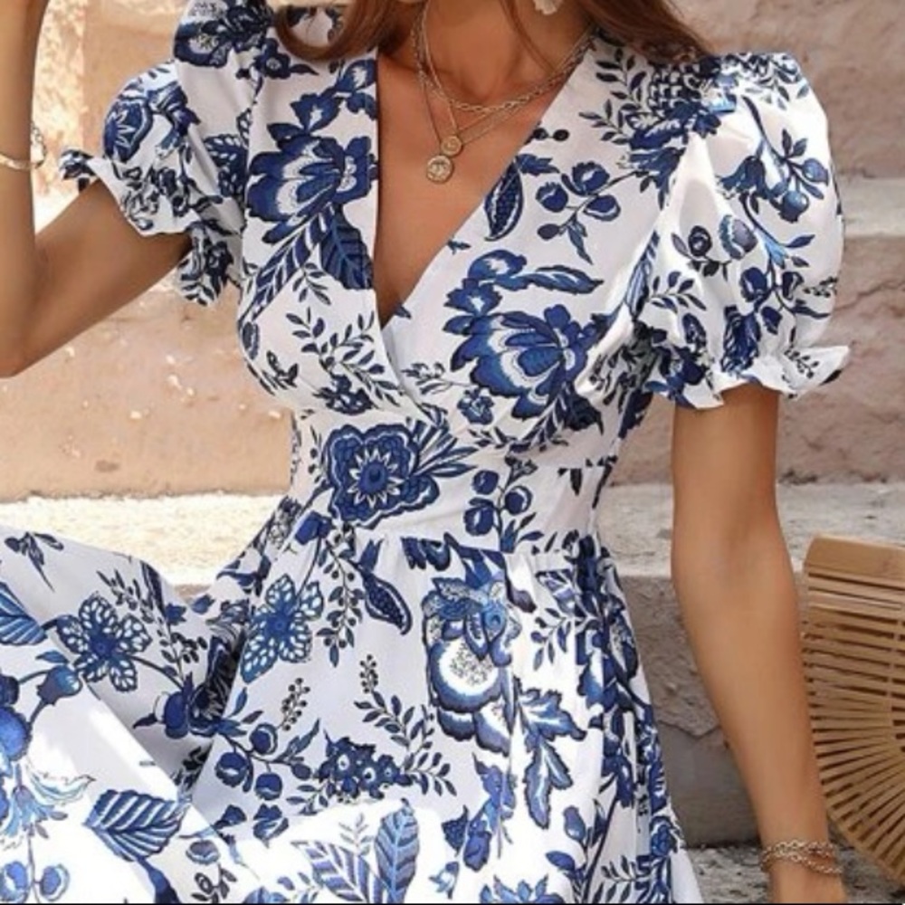 Boho Bohemian Gypsy Floral Print Puff Sleeve Surplice Neck Dress White Blue - Picture 7 of 9